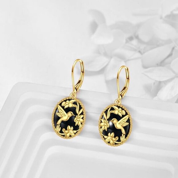 Neiman Marcus Gold-Plated Onyx Oval Hummingbird Dangle Leverback Earrings - Picture 4 of 4